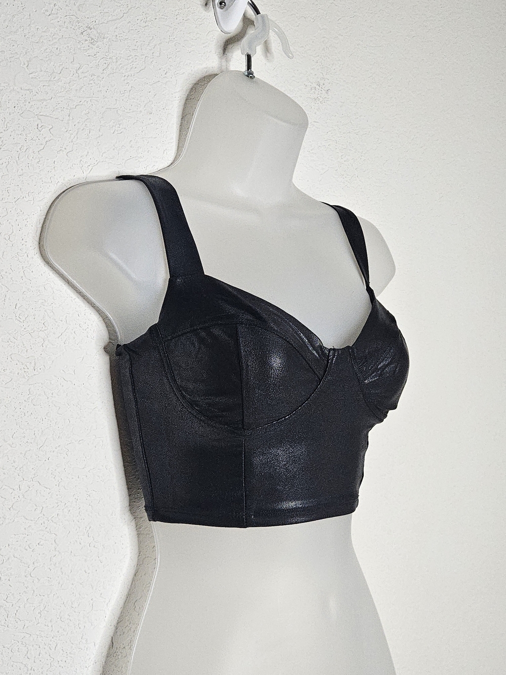 Naked Wardrobe Black Faux Leather Bustier Crop Top XS Shiny Corset Style - Picture 2 of 7